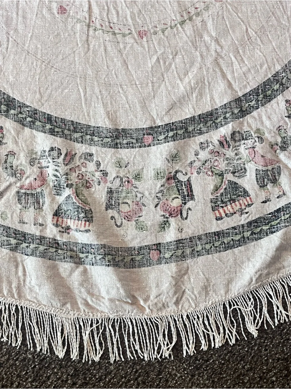 Set of 2 1950s tablecloths Pennsylvania PA Dutch Folk Art 56” Round & floral sq